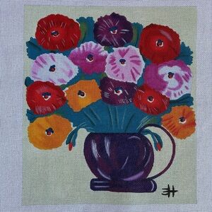 Large Clementine Hunter Handpainted Needlepoint Canvas Zinnias in Vase floral